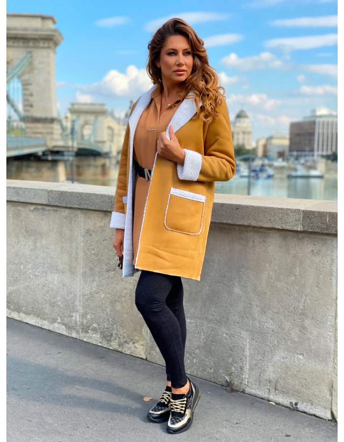 Roxána kabát - Mustársárga/fehér szőr