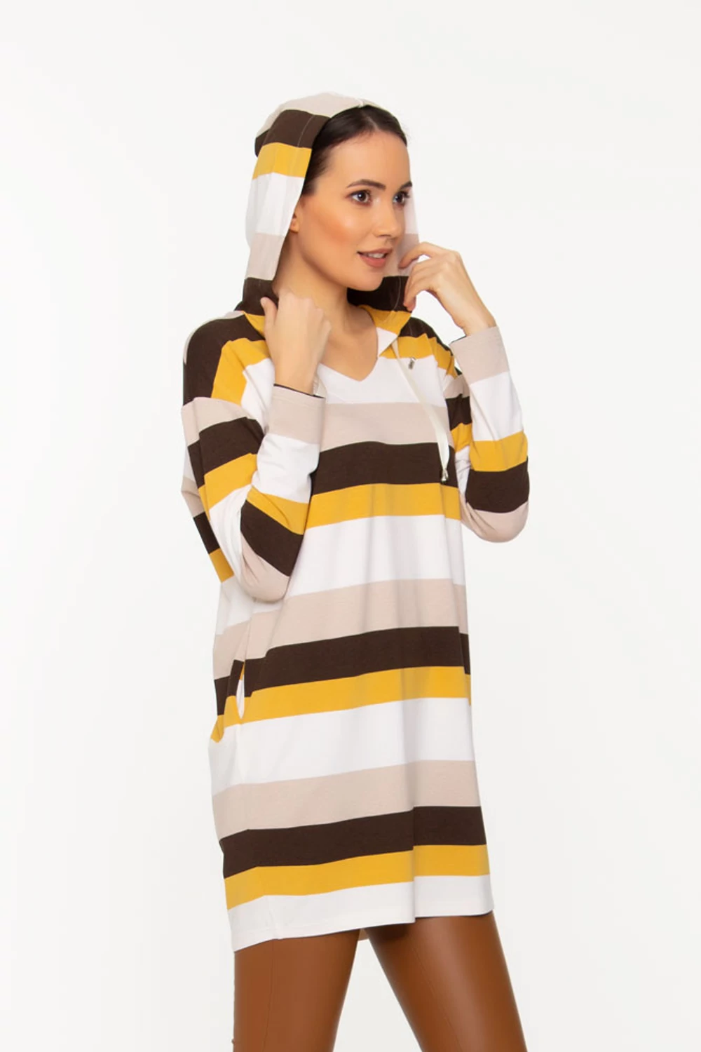 Milla kapucnis tunika - barna/mustár/bézs/fehér csíkos Milla kapucnis tunika - barna/mustár/bézs/fehér csíkos