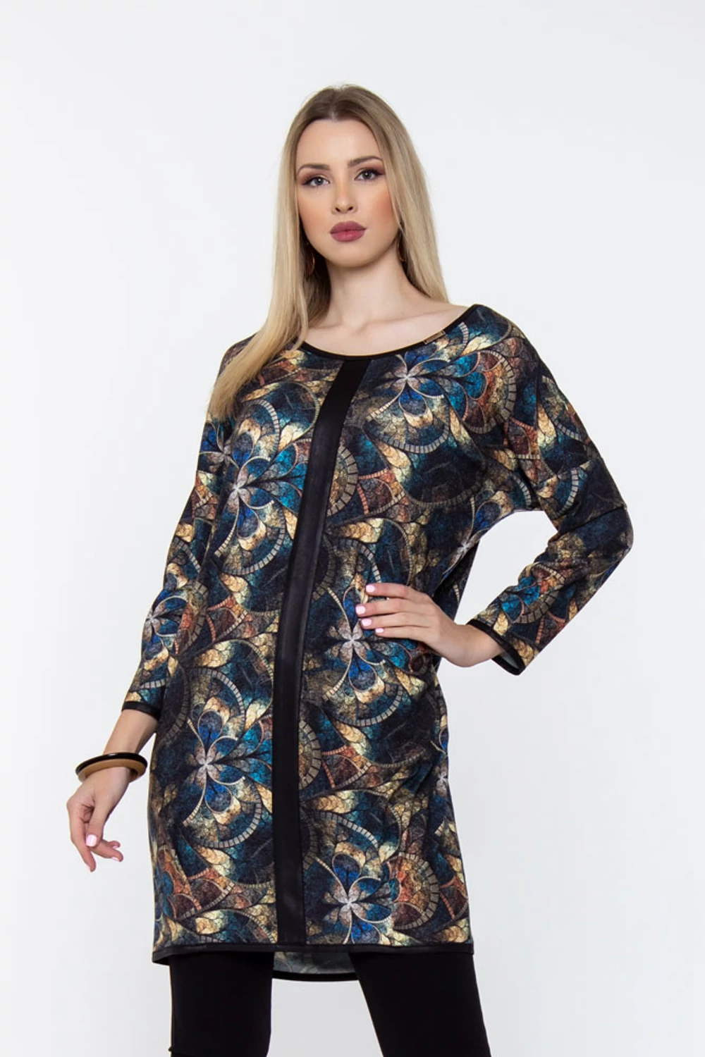Judit bőrbetétes tunikaruha - sötét mintás Judit bőrbetétes tunikaruha - sötét mintás